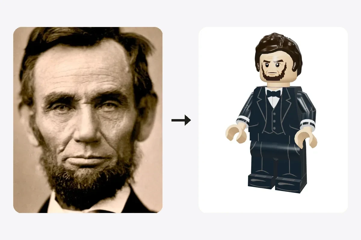 A portrait of Abraham Lincoln next to the custom brick figure made from it