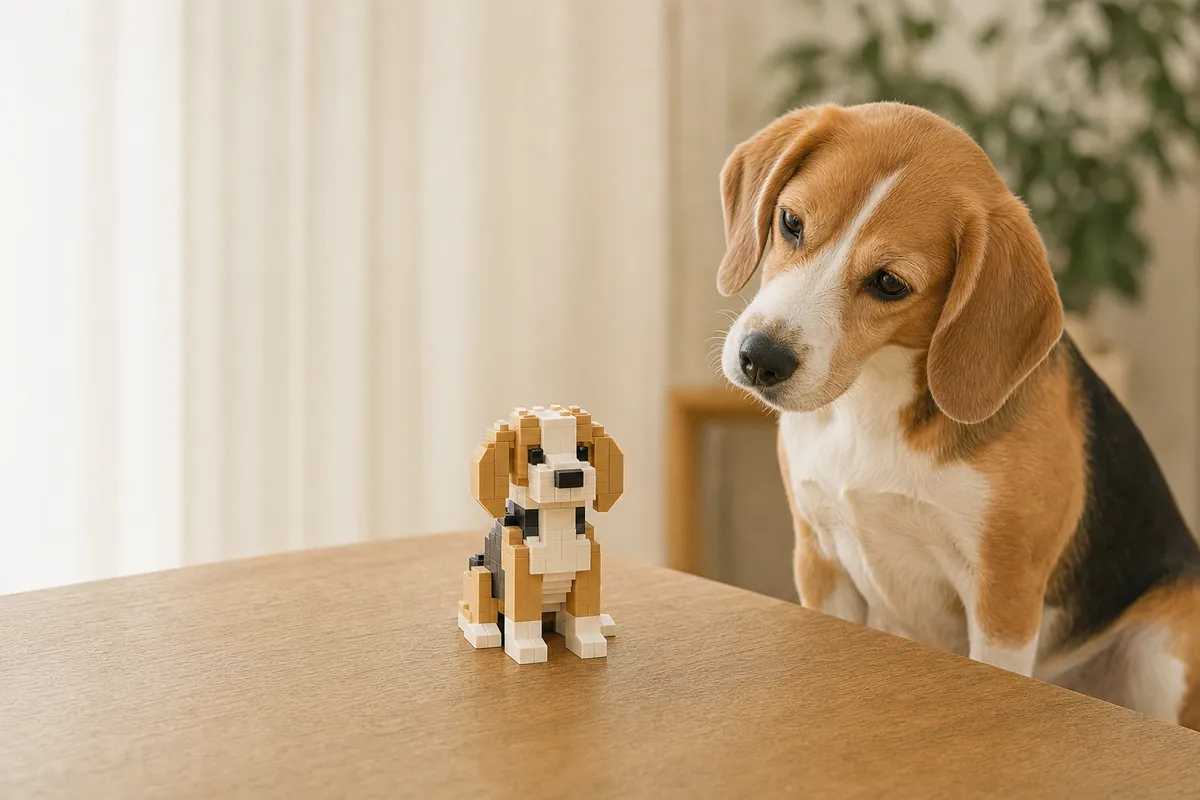 A beagle looking at a brick model of itself on a sunny table