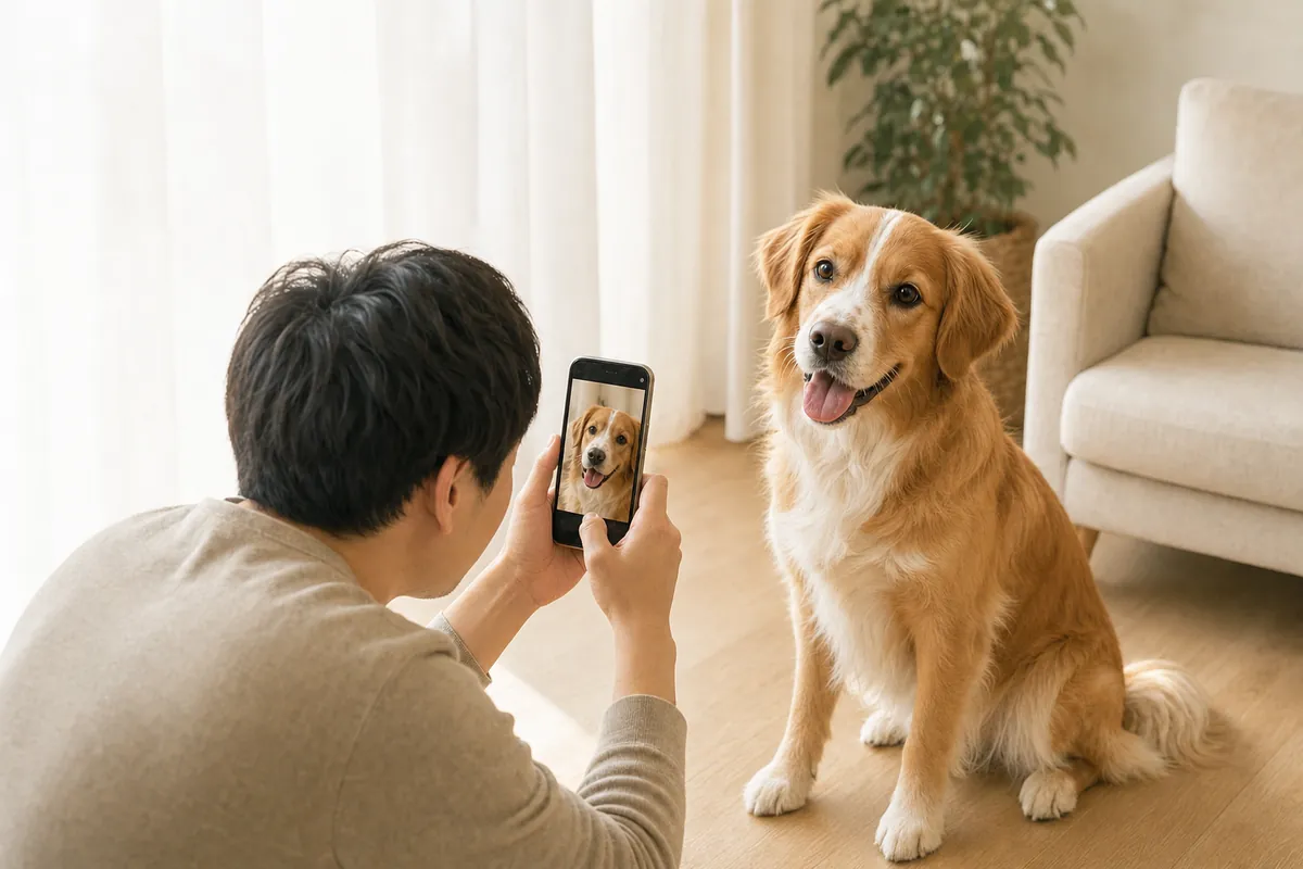 Someone photographing their golden retriever with a phone