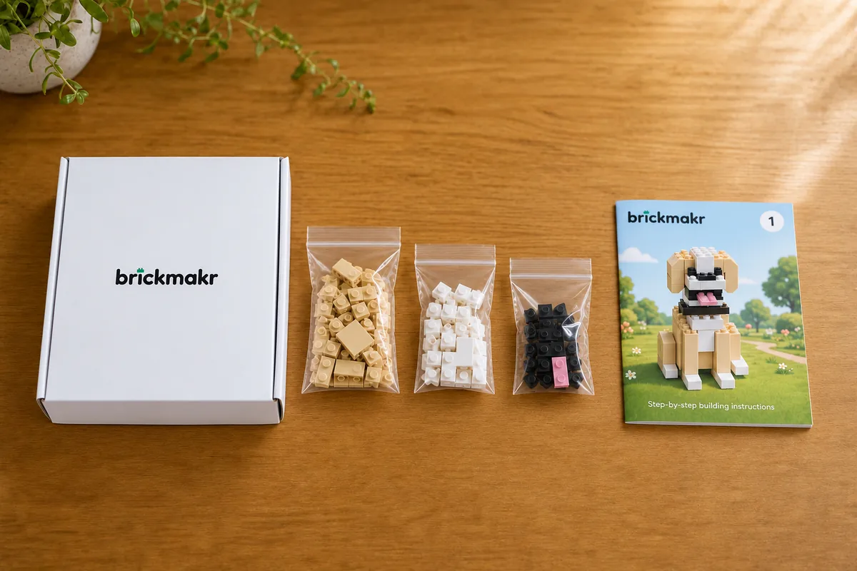 A brickmakr box beside three bags of sorted tan, white and black bricks and a step-by-step instruction booklet for a brick dog